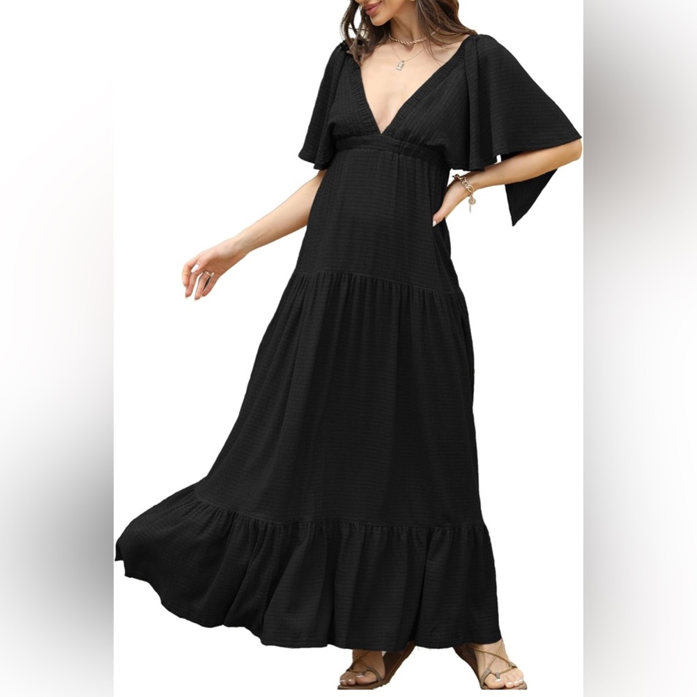 SUNNOW Plus Size Summer Maxi Dress Flowy Loose Fit V-Neck Tiered Ruffle Sleeve